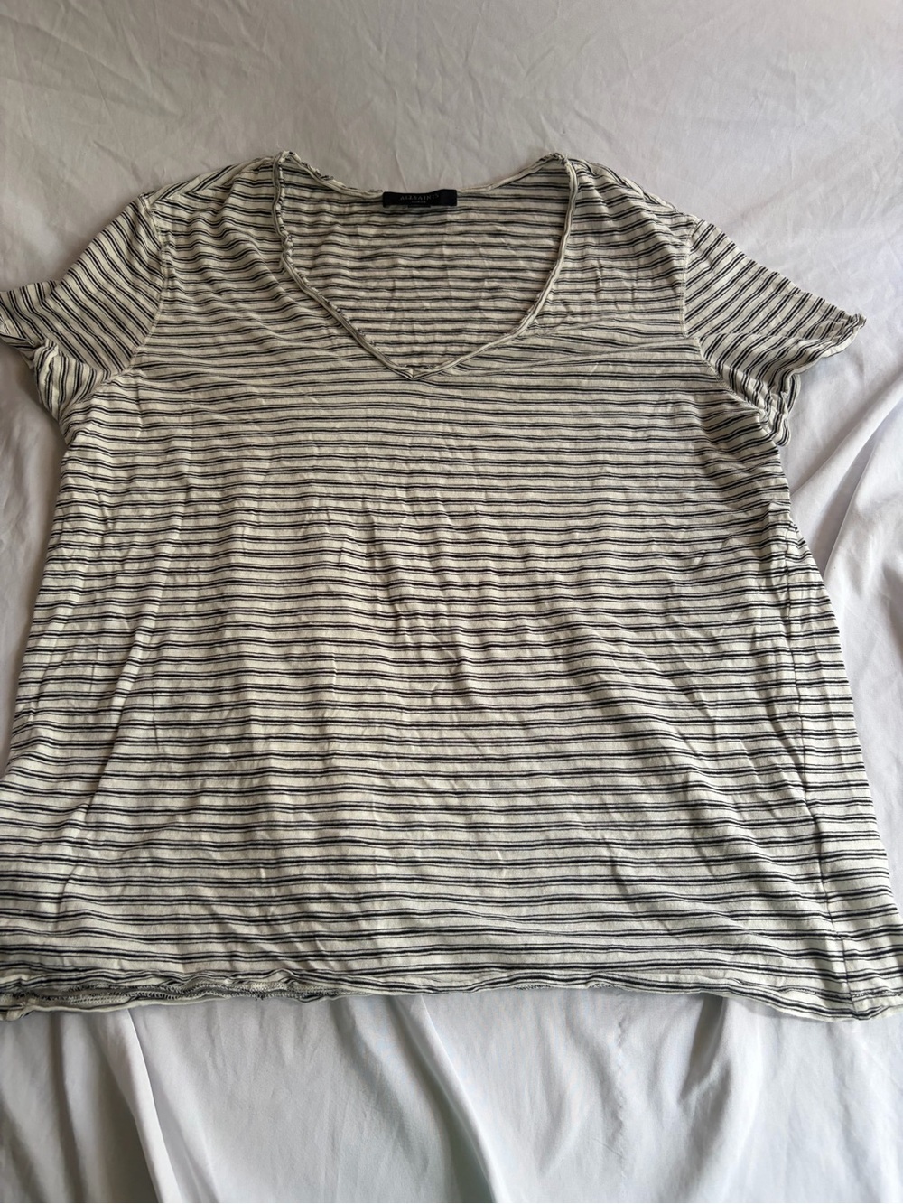 AllSaints White Black Striped V-Neck T-Shirt Women’s Casual Tee Size Large